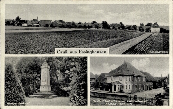 Postcard Essinghausen Peine in Lower Saxony, general view, war memorial, inn, colonial goods