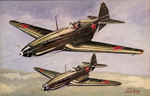 Artist Postcard Louis Petit, Russian military aircraft, MIG 3, fighter aircraft, Soviet Union, USSR