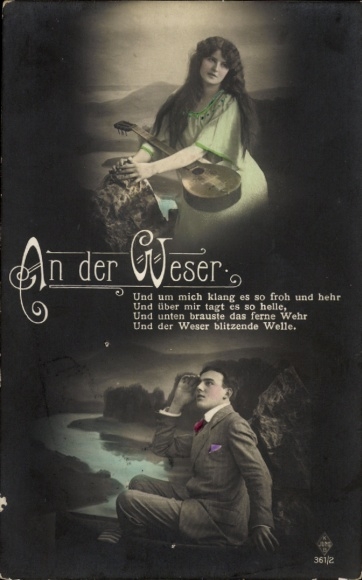 Ak An der Weser, Liebespaar, Frau mit Laute