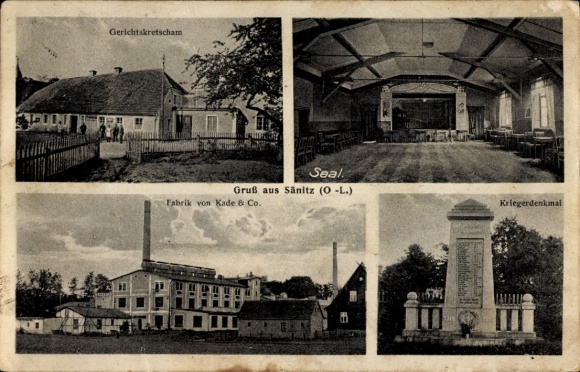 Postcard Sanice Sänitz Oberlausitz Przewóz Priebus Silesia, war memorial, factory Kade & Co.