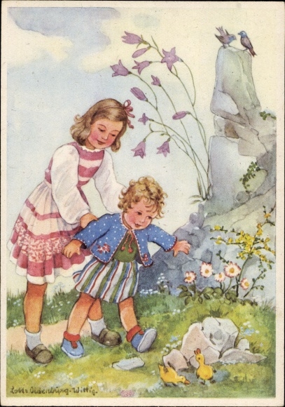 Artist PC Oldenburg Wittig, Lotte, two children watch chicks