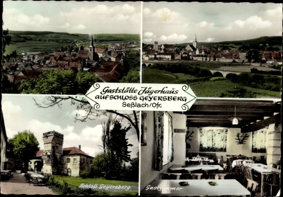 Postcard Seßlach in Upper Franconia, restaurant Jägerhaus at Geyersberg Castle, view of the town