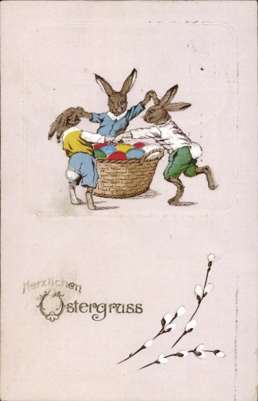 Ak Fröhliche Ostern, Hasen tanzen um Korb