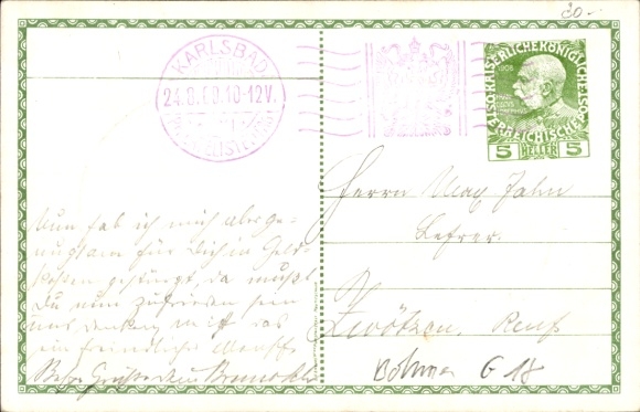 Herb papeterii pocztowej, passepartout KP Karlovy Vary Karlsbad miasto, XXI. Dzień Filatelisty Niemieckiego 1909