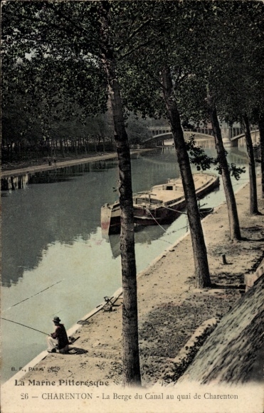 Ak Charenton le Pont Val de Marne, Fischer am Kanal, Boot, Bäume, Wasser, Charenton