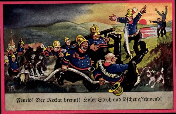 Artist Postcard Boettcher, H., Feurio, the Neckar is burning, fire brigade, sunset