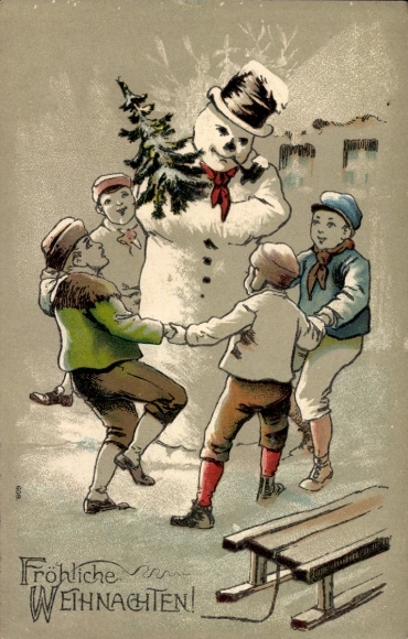 Litho Frohe Weihnachten, tanzende Kinder, Schneemann