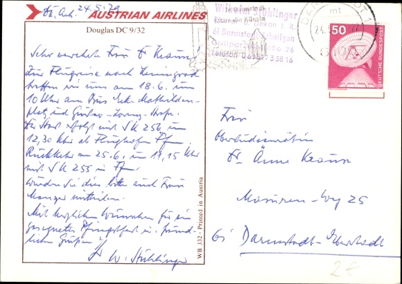 Postcard Austrian passenger plane, Austrian Airlines, Douglas DC-9-32
