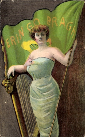 Postcard Ireland, woman with harp, flag Erin Go Bragh