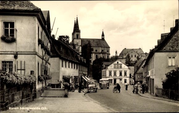 Ak Schirgiswalde in Sachsen, Straßenpartie, Kirche