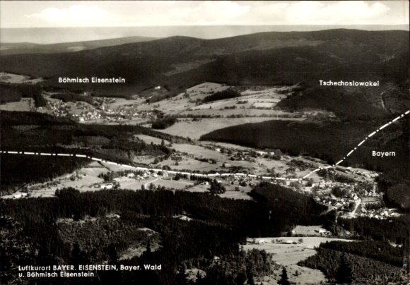 Postcard Bayerisch Eisenstein, Böhmisch Eisenstein, Germany-Czech Republic border