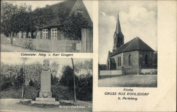 Postcard Rohlsdorf in der Prignitz, grocery store, war memorial, church