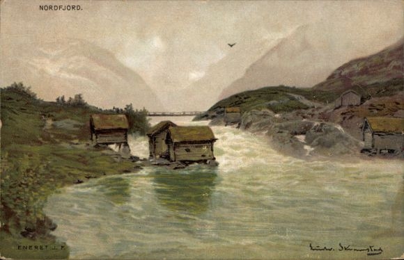 Künstler Ak Eneret, J. F., Norwegen, Nordfjord, Häuser am Ufer, Brücke