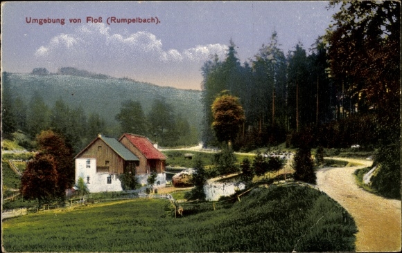 Ak Floß im Kreis Neustadt an der Waldnaab Oberpfalz, Rumpelbach, Straßenpartie und Wohnhaus