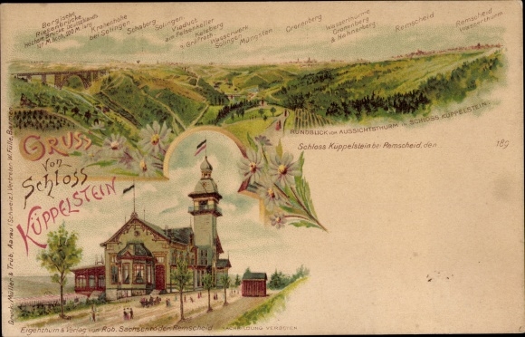 Chromo-Litho Reinshagen Remscheid, Küppelstein Castle, observation tower, Müngsten, Schaberg
