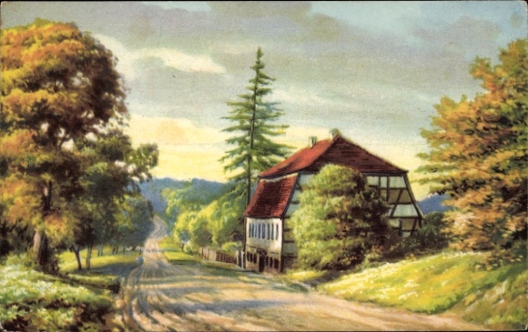 Artist Postcard Bad Schmiedeberg in the Dübener Heide, country road with Gasthaus Wachtmeister