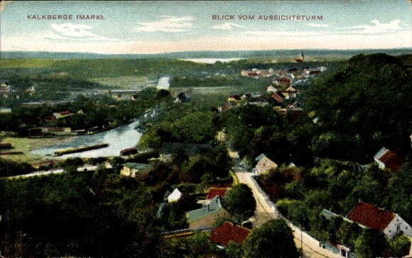 Ak Kalkberge Rüdersdorf in der Mark, Blick vom Aussichtsturm, Landschaft, Ort mit Häusern, Fluss