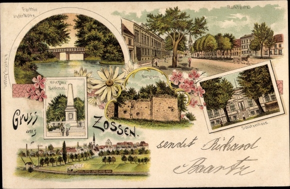 Chromo-Litho Zossen in Brandenburg, Schützenhaus, lot at the Notte, market square, war memorial
