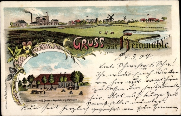 Chromo-Litho Heidmühle Schortens in Friesland, inn, view of the town, windmills