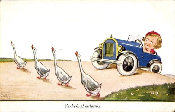 Künstler Ak Wills, John, Mädchen im Automobil, Gänse überqueren die Straße