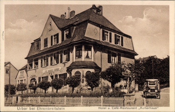 Postcard Urbar am Rhein near Koblenz, Hotel and Café-Restaurant Kelterhaus, owner Aug. Müller, automobile