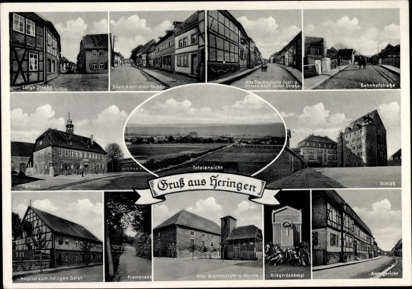 Postcard Heringen an der Werra, long shot, town hall, castle, war memorial, hospital z. Holy Spirit