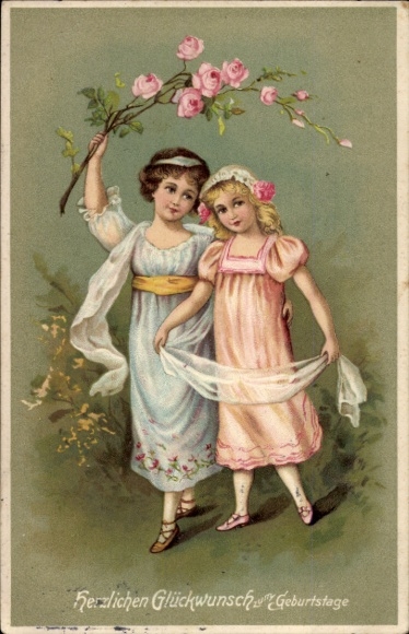 Postcard Happy Birthday, Two Girls, Roses