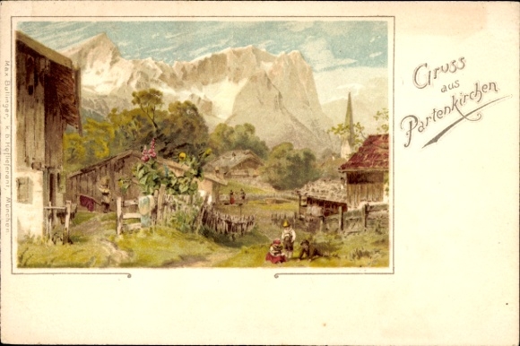 Chromo-Litho Garmisch Partenkirchen in Upper Bavaria, farmstead, mountain area