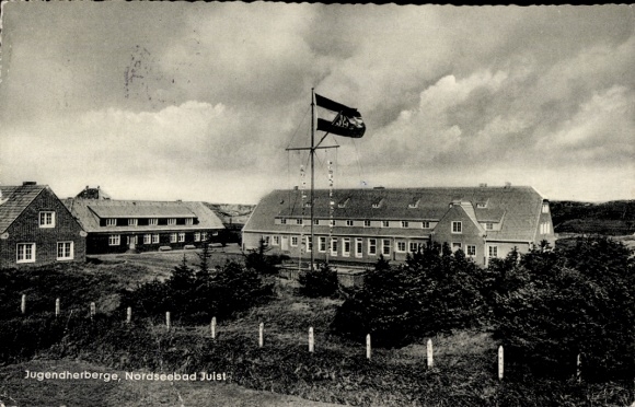 Postcard North Sea resort Juist in East Frisia, youth hostel, flag