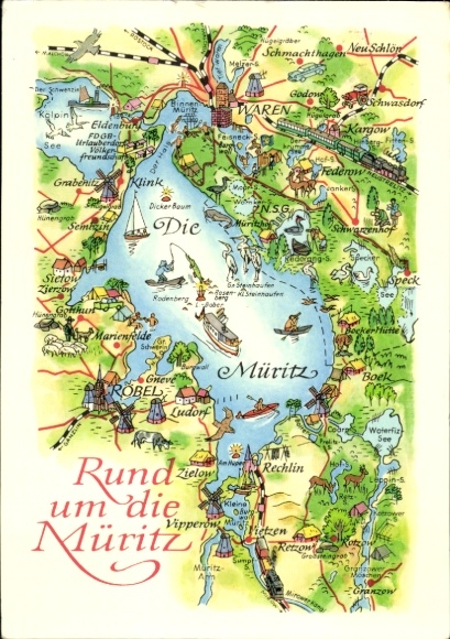 Ak Waren an der Müritz, Karte der  Orte, Seen, Umrissskizze, farbenfroh