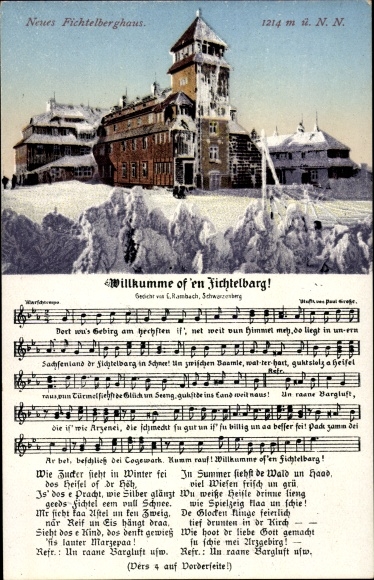 Song Postcard Vogel, Wilhelm, Oberwiesenthal, Wilkumme of &#39;en Fichtelbarg, Neues Fichtelberghaus, Winter