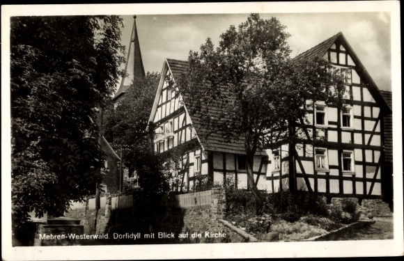 Ak Mehren in het Westerwald, zicht op de kerk, vakwerkhuis