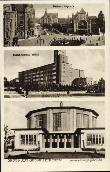 Postcard Gelsenkirchen in the Ruhr area, exhibition building, Hans Sachs Haus, Bahnhofsplatz