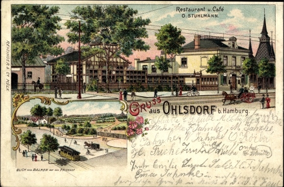 litho Hamburg Nord Ohlsdorf, Restaurant Cafe O. Stuhlmann, uitzicht vanaf het balkon, begraafplaats, tram