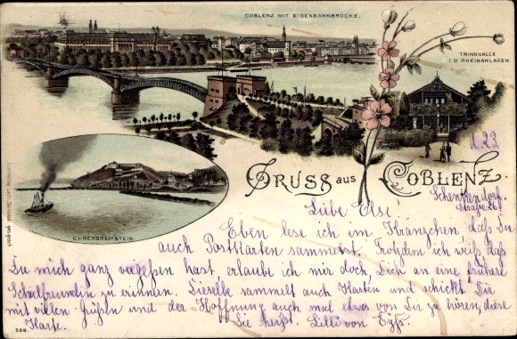 Chromo-Litho Koblenz am Rhein, panorama, railway bridge, drinking hall, Ehrenbreitstein
