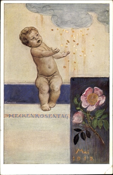 Artist postal stationery PC Kaulbach, Friedrich, August, Heckenrosentag May 1912, small child, rain of money
