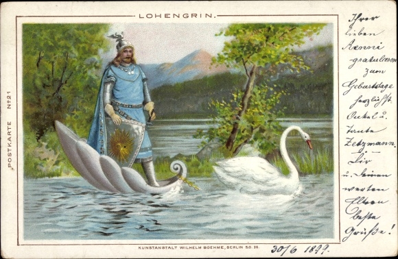 litho Lohengrin bij de vijver, ridder met schild, zwaan