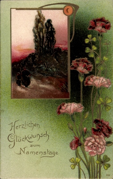 Postcard Congratulations on the name day, carnations, mother with child on the way