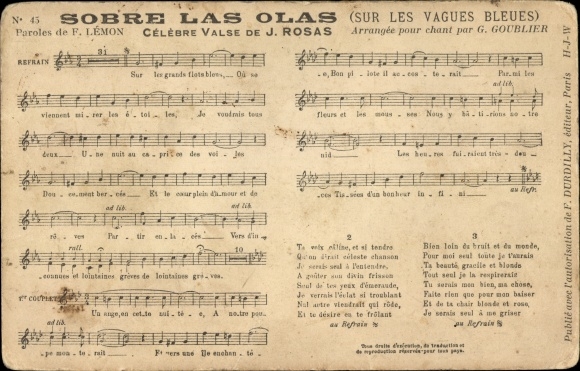 Song CPA Sobre las Olas, Celebre Valsse de J. Rosas, Paroles de F. Lemon