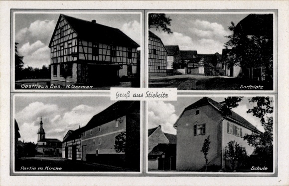 Postcard Striebritz Hainichen in Thuringia, village square, school, church, guesthouse H. German