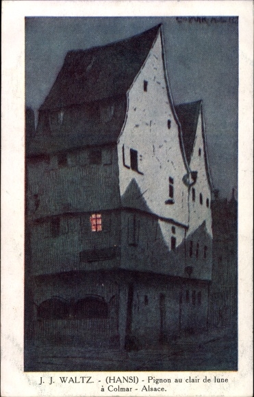 Künstler Ak Hansi Jean Jacques Waltz, Colmar Kolmar Elsass Haut Rhin, Pignon au clair de lune
