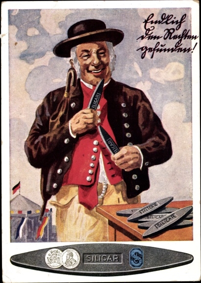 Postcard advertising, Silicar Sensenwetzstein, Georg Voss, Naros Schmirgelwerk, Freital Deuben
