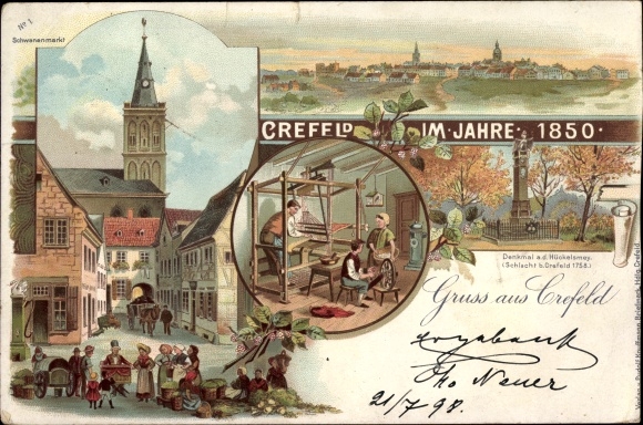 Chromo-Litho Krefeld am Niederrhein, city view in 1850, monument, carpet weaver, spinning wheel