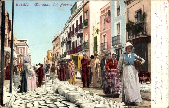 Postcard Seville Andalusia, Mercado del Jueves, market with people, pottery, scene