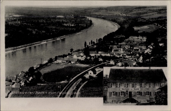 Postcard Rheinweiler Bad Bellingen in Baden, aerial view of Rheinweiler, Gasthaus Sonne, landscape m