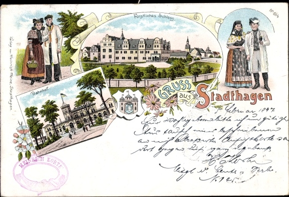 Chromo-Litho Stadthagen in Lower Saxony, castle, train station, couples in traditional costumes