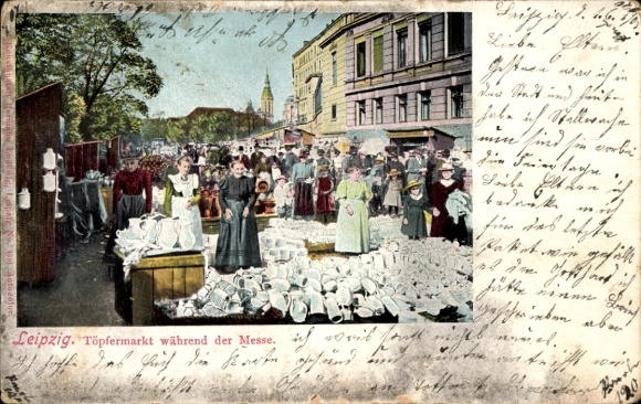 Postcard Leipzig in Saxony, pottery market during the fair, stands, dishes