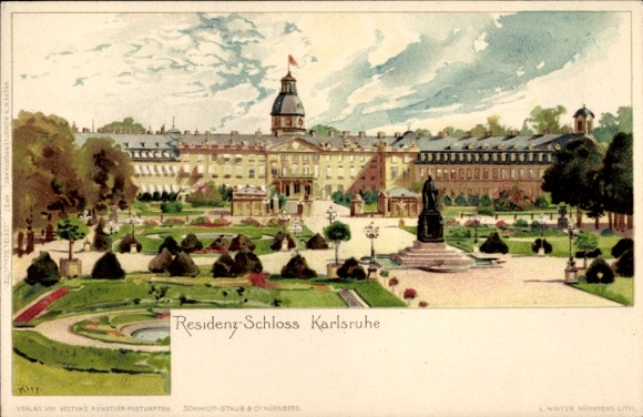 Artist Chromo-Litho Kley, H., Karlsruhe in Baden, Residence Palace, Monument