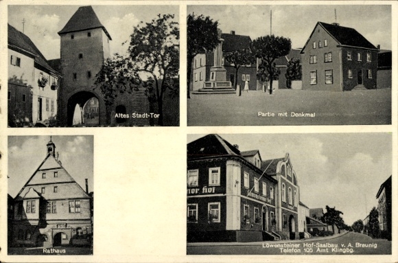 Postcard Klingenberg in the Ore Mountains Saxony, city gate, monument, town hall, Löwensteiner Hof Saalbau