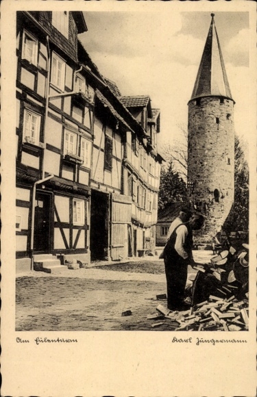 Postcard Melsungen in Hesse, half-timbered houses, round tower, wood pile, craftsmen